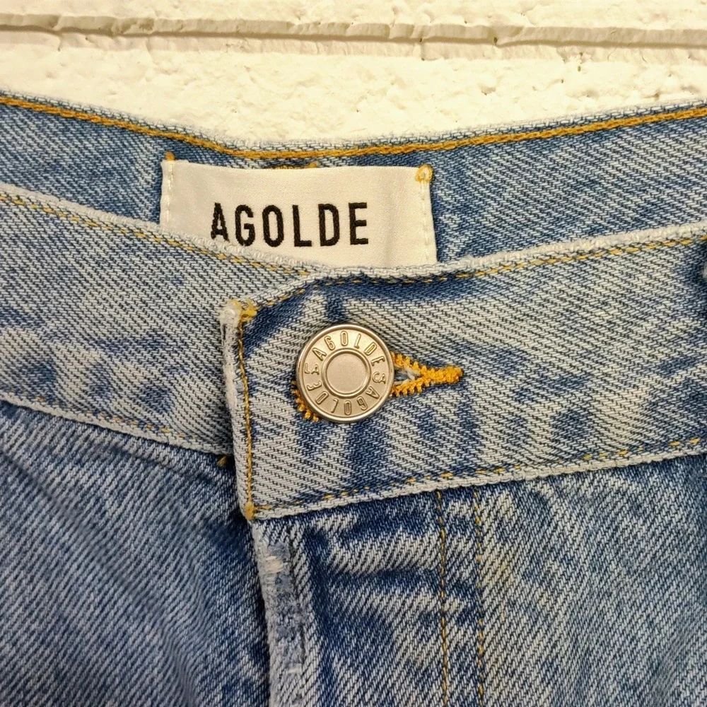 AGOLDE Parker Long Cut Off Jean Shorts 32 High Rise Button Fly Festival Denim